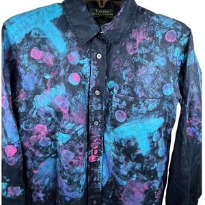 Lauren Ralph Lauren Petite Linen Paint Splatter Button Down PS Raw Hem Upcycled